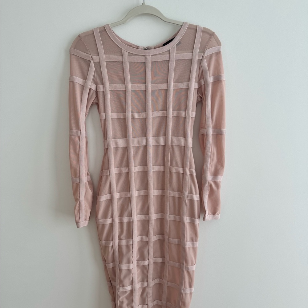 HOT MIAMI STYLES Mesh Windowpane Long Sleeve Bandage Body Con Dress—Size Small